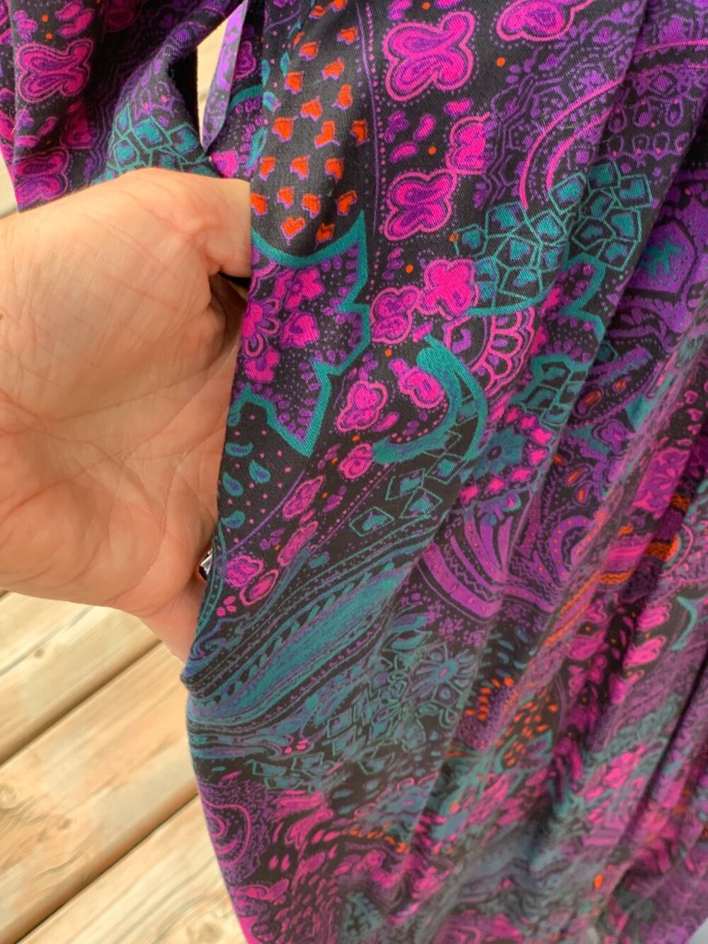 Vintage Paisley Maxi Midi Dress M Purple Pleated Long Puff Sleeve Pockets Modest - Picture 5 of 16